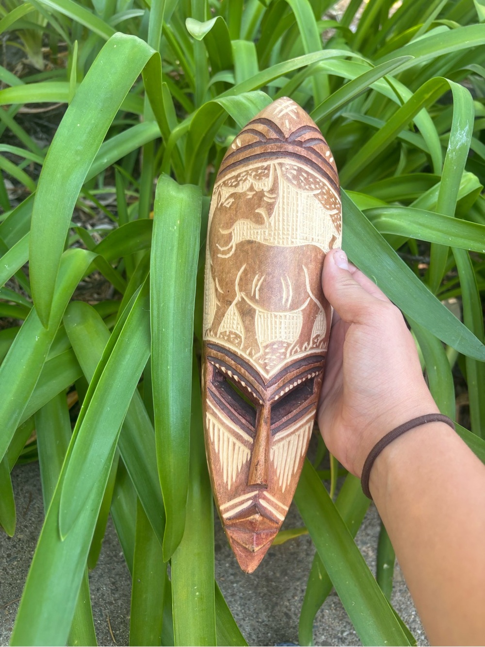 Carved Wood Tribal Mask with Elephant Motif - Natural Brown
